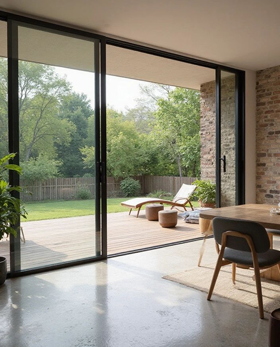 Telescopic sliding glass doors creating seamless indoor-outdoor living space