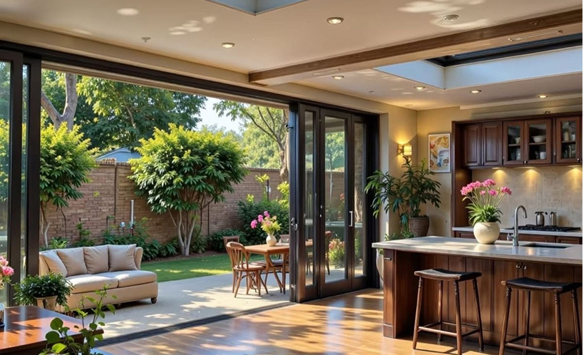 AlumaVerse multi-panel sliding doors showing transparent glass panels and aluminum framing