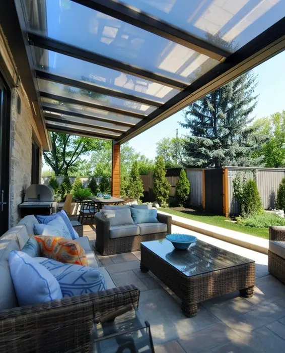 Glass patio cover with aluminum frame providing natural light and weather protection