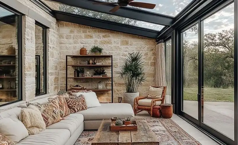 AlumaVerse sunroom interior showing transparent glass panels and aluminum framing